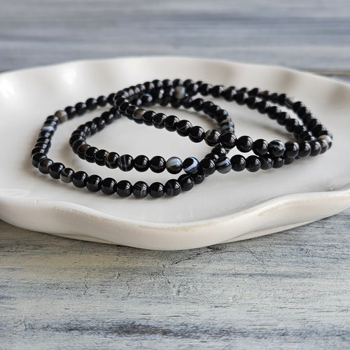 Banded Black Onyx 4mm Beaded Stretch Stone Bracelet – Wholehearted Crystal Creations