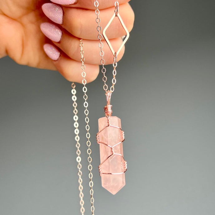 Rose Quartz Diamond Wire Wrapped Crystal Necklace – Wholehearted Crystal Creations