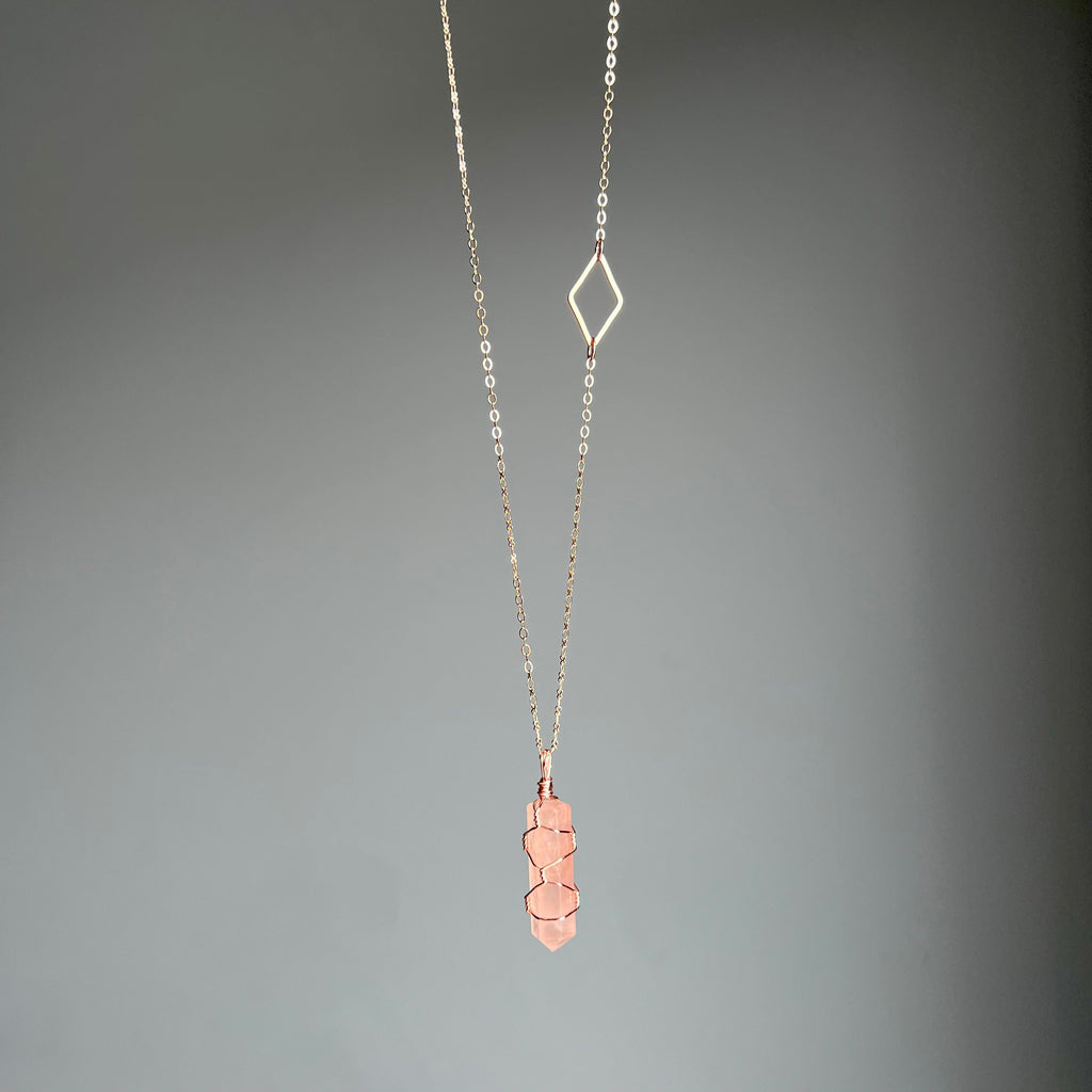 Rose quartz with diamond wire wrapped crystal necklace on rose gold chain – Wholehearted Crystal Creations