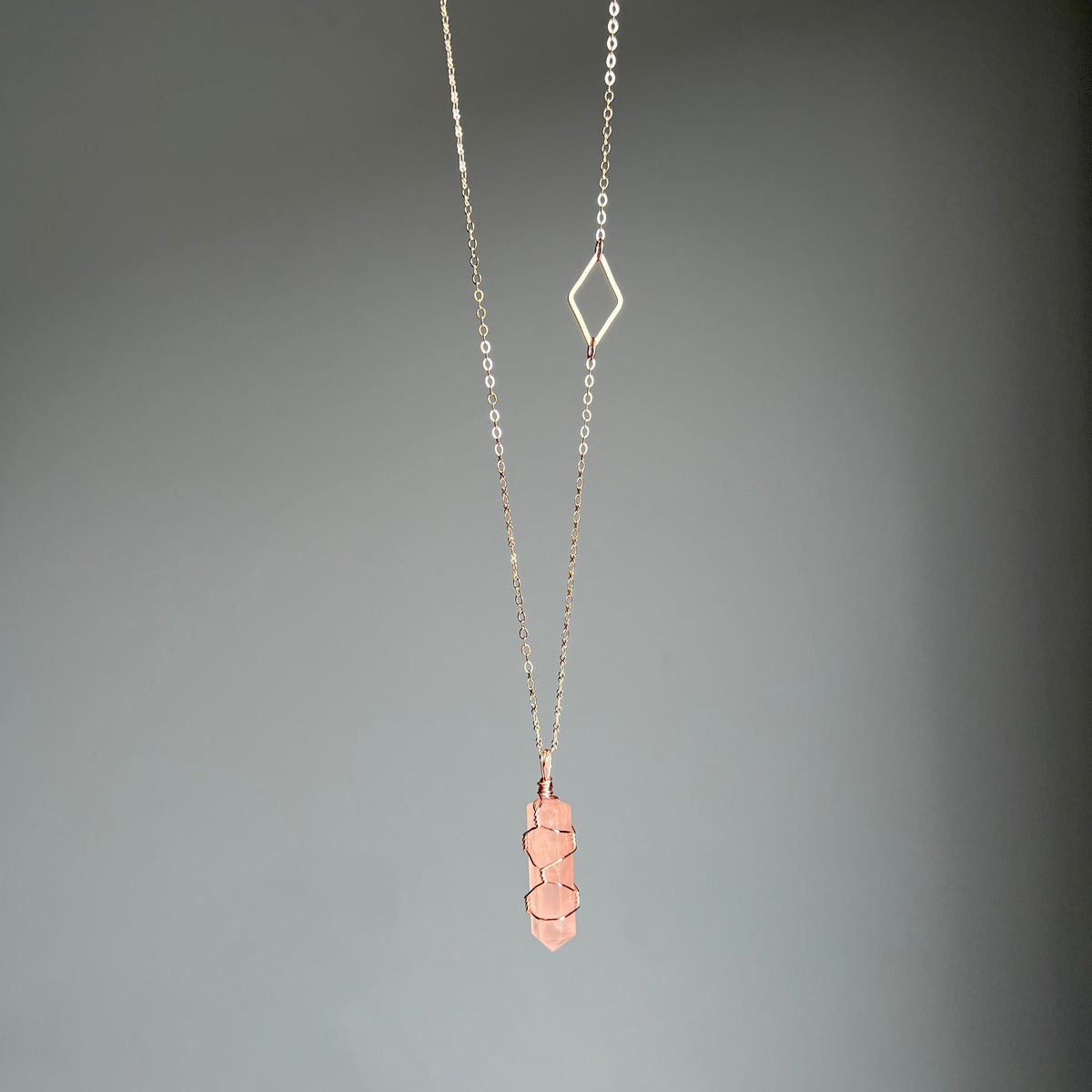 Rose quartz with diamond wire wrapped crystal necklace on rose gold chain – Wholehearted Crystal Creations