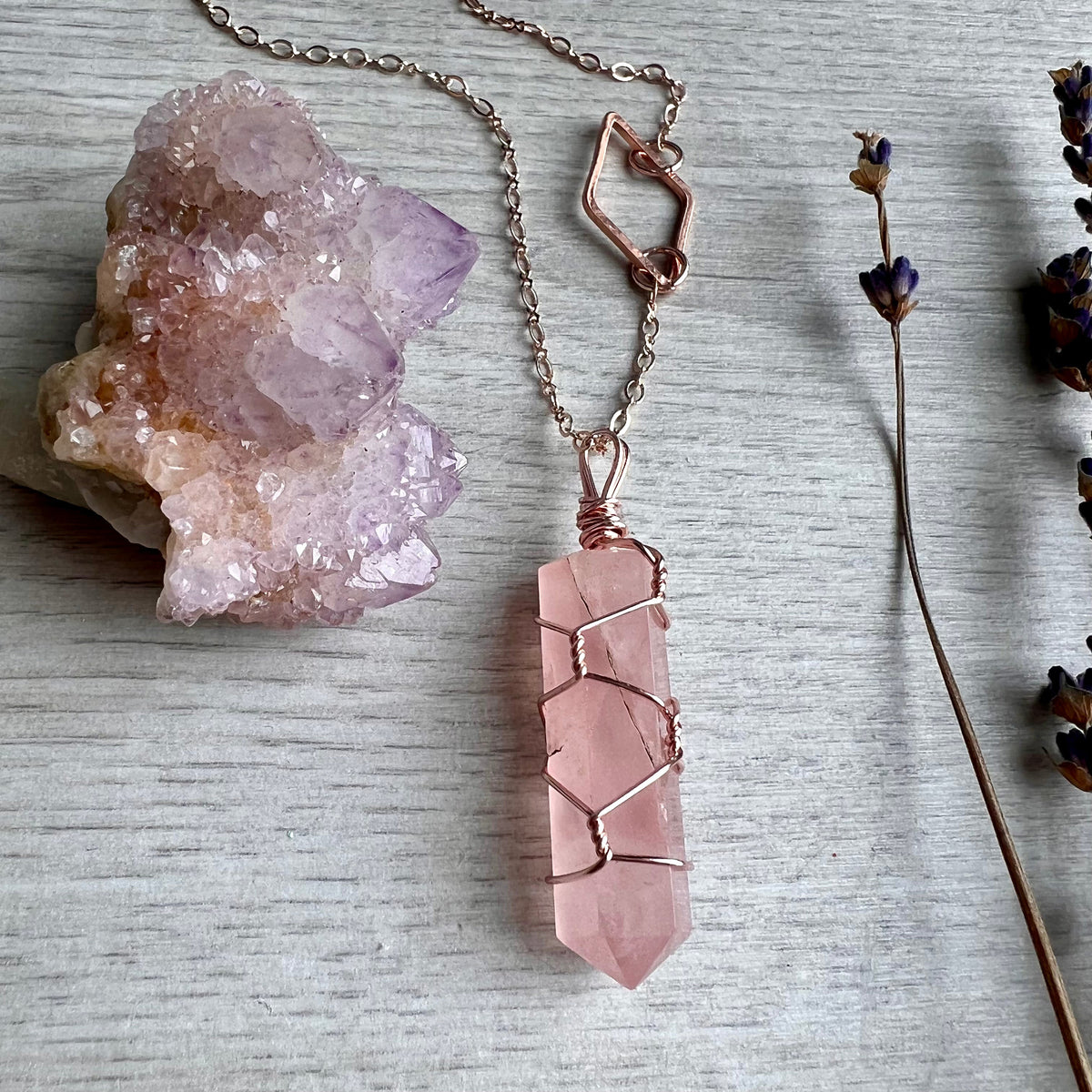 Rose quartz with diamond wire wrapped crystal necklace on rose gold chain – Wholehearted Crystal Creations