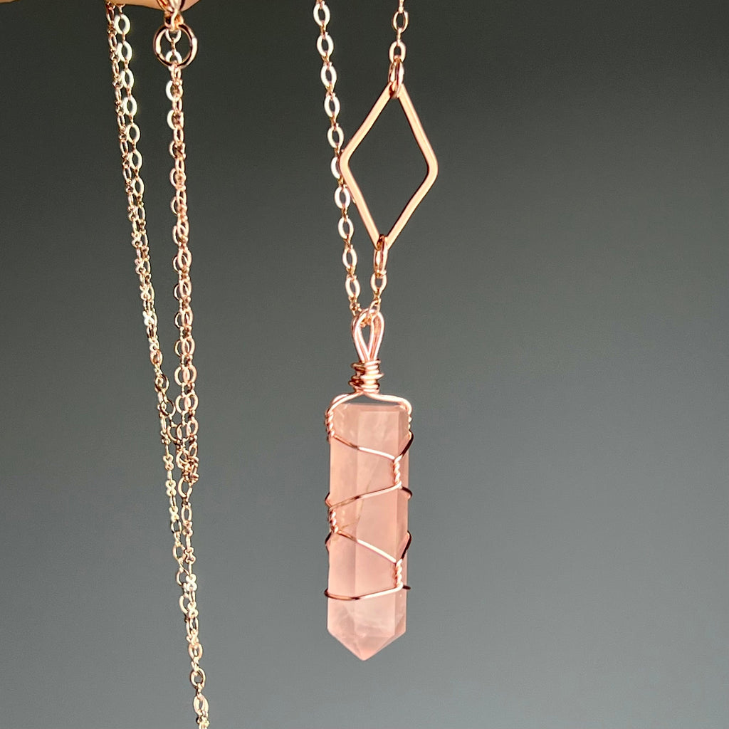 Rose quartz with diamond wire wrapped crystal necklace on rose gold chain – Wholehearted Crystal Creations
