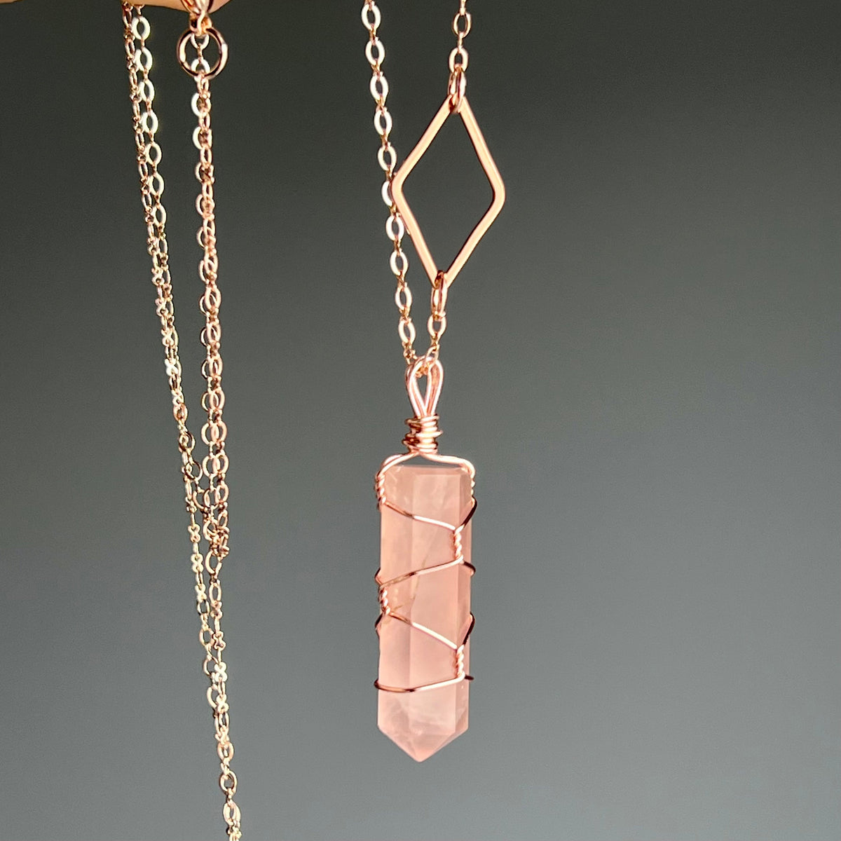 Rose quartz with diamond wire wrapped crystal necklace on rose gold chain – Wholehearted Crystal Creations