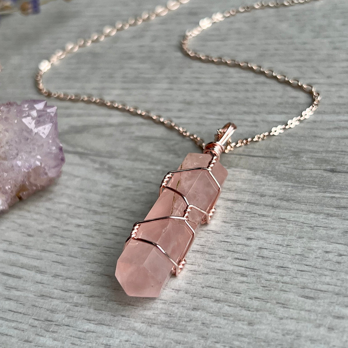 Rose quartz wire wrapped crystal necklace on rose gold chain – Wholehearted Crystal Creations