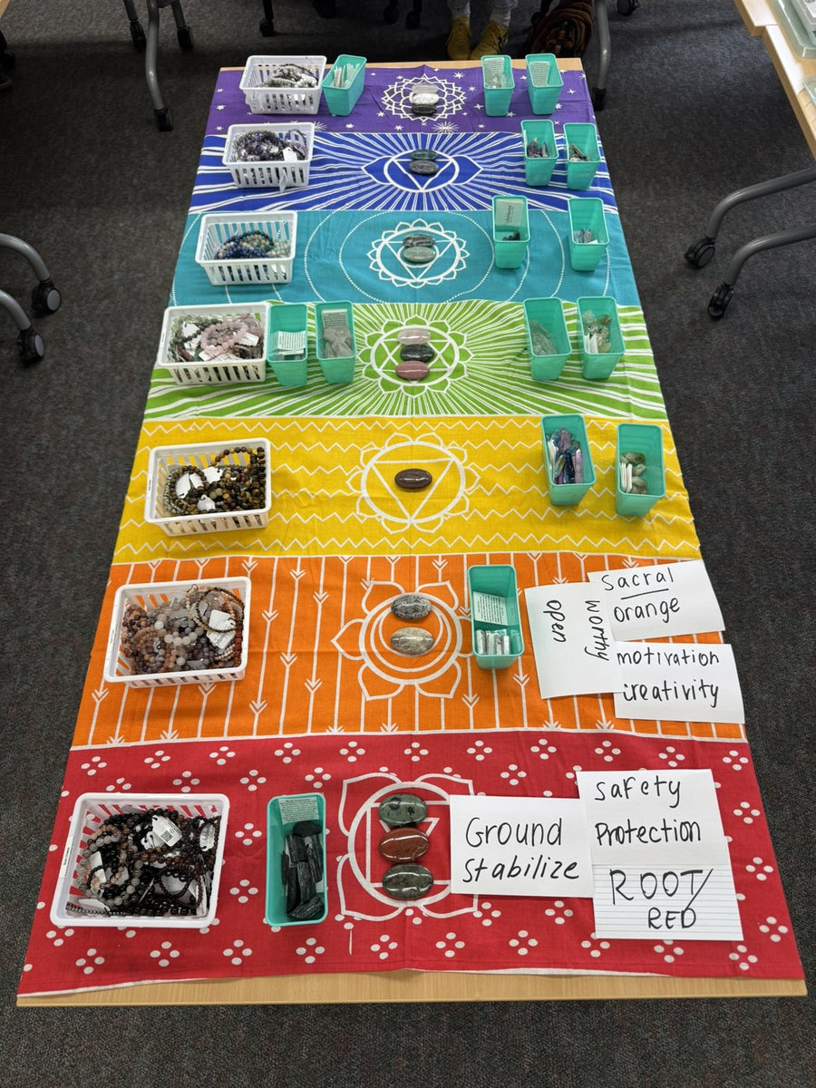 Crystal necklace workshop table laid out on a chakra tapestry with stones sorted by colour and intention