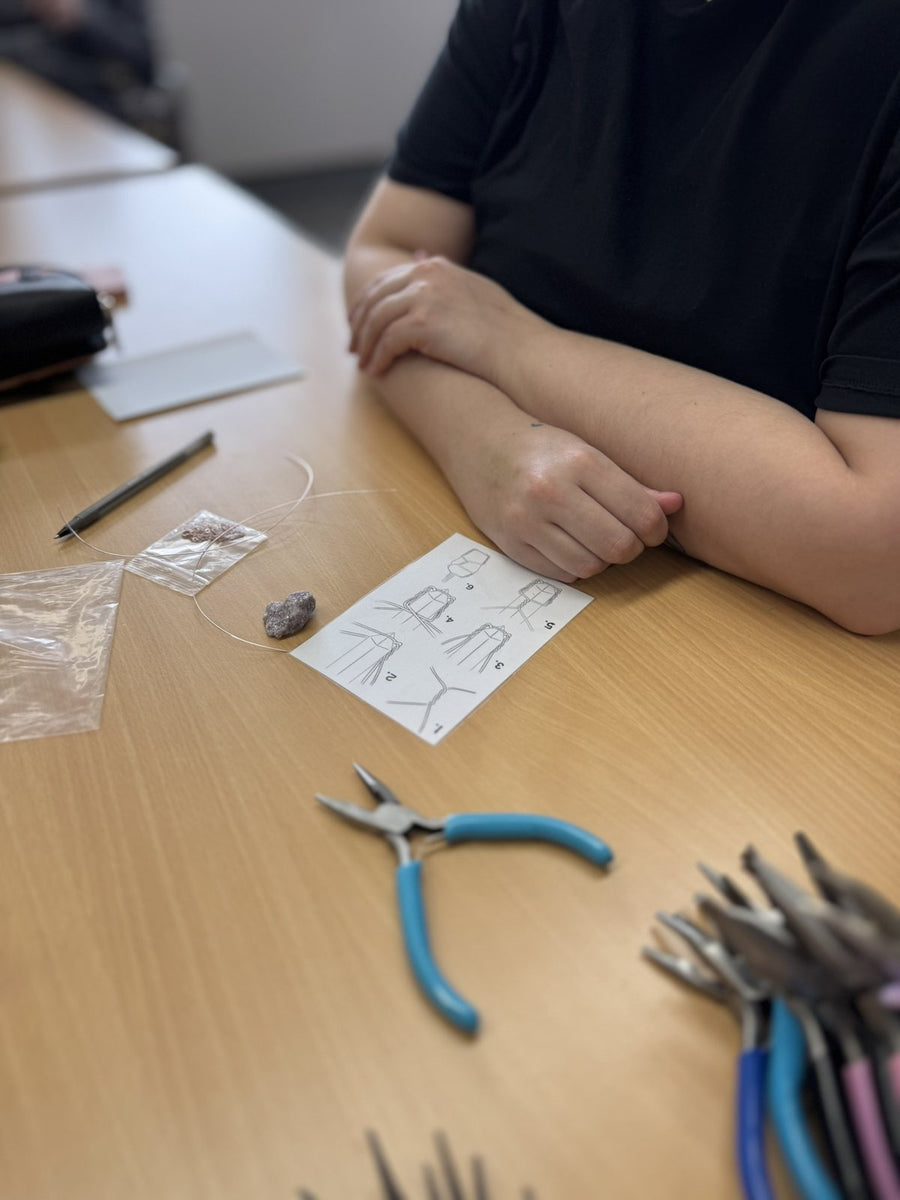 Wire, pliers and a wrapping guide ready for a crystal necklace workshop