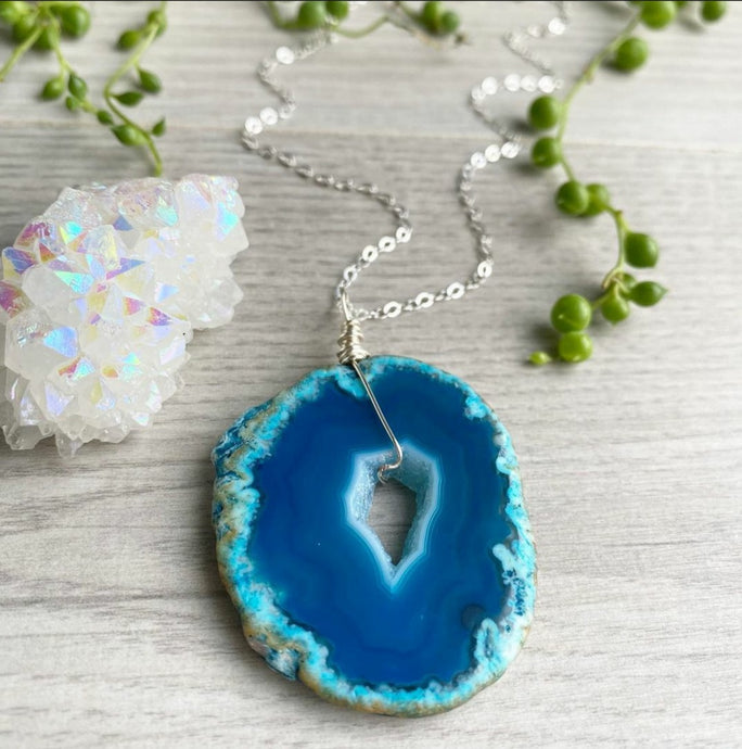 Agate Druzy (blue) wire wrapped necklace