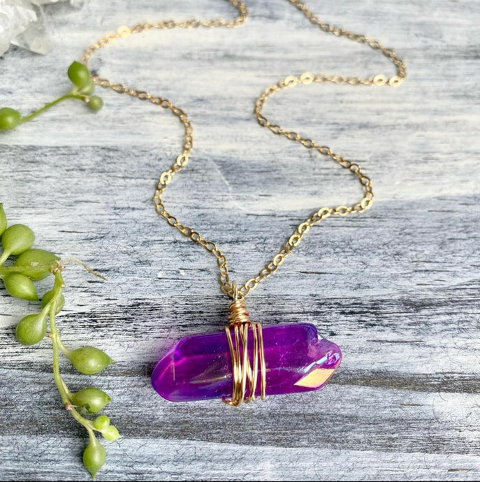Purple (grape) Aura Quartz wire wrapped bar necklace