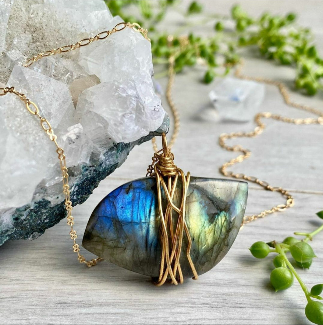 Labradorite wire wrapped crystal necklace