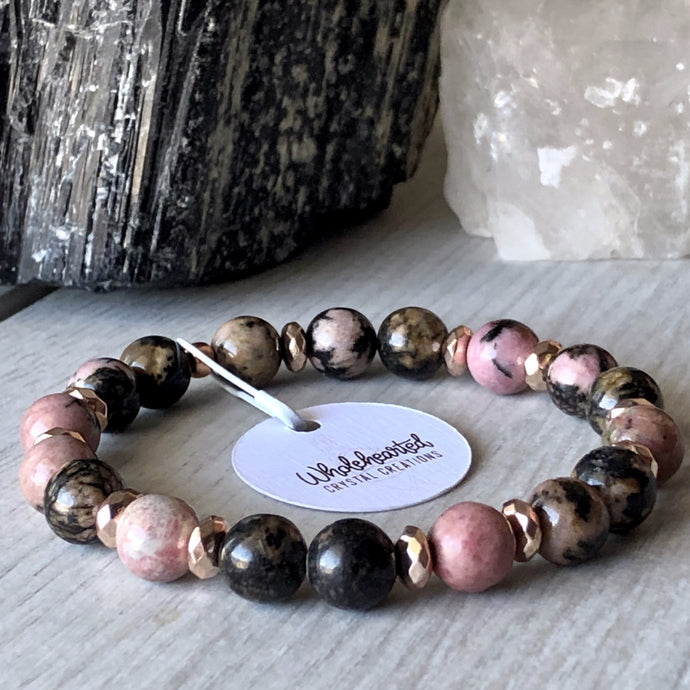 Rhodonite Stretch Bracelet with Rose Gold Hematite Spacers