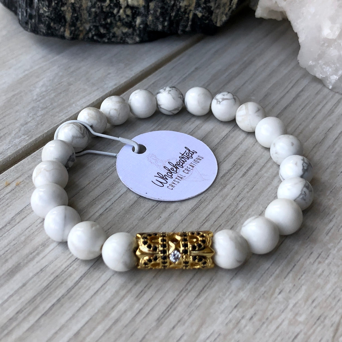 Howlite Bracelet Gold Pave Cubic Zirconia Spacer – Wholehearted Crystal Creations
