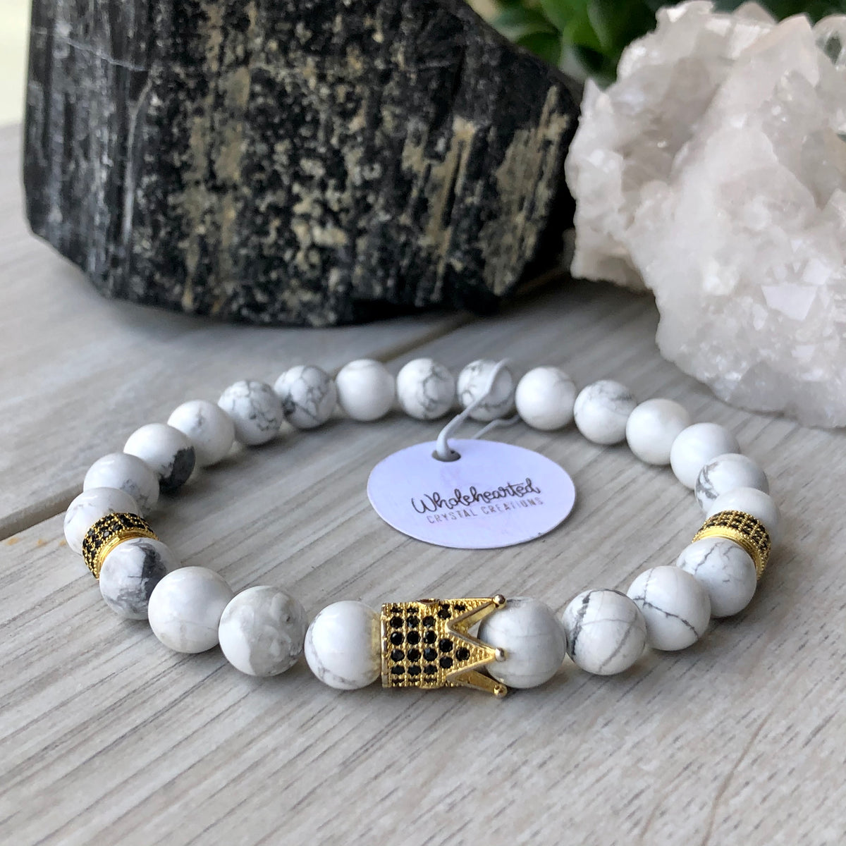 Howlite Bracelet Gold Spacer Black Pave CZ – Wholehearted Crystal Creations