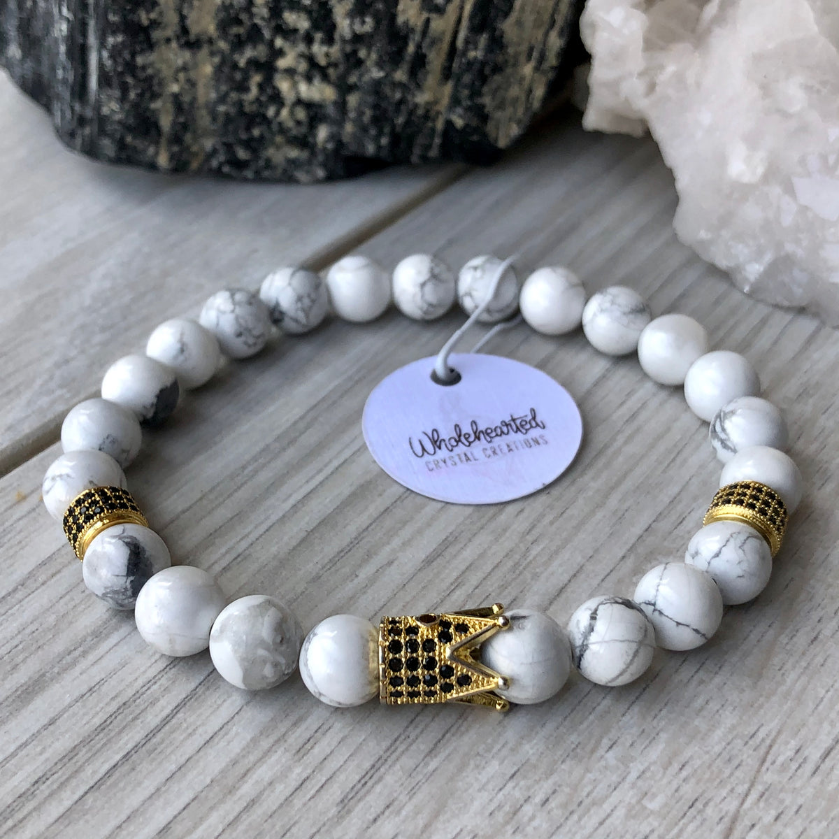 Howlite Bracelet Gold Spacer Black Pave CZ – Wholehearted Crystal Creations