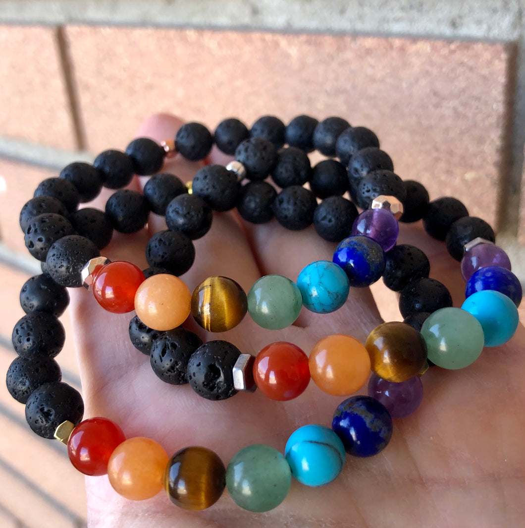 7 Chakra Healing Stretch Bracelet with Lava Stone - Gold – Wholehearted  Crystal Creations