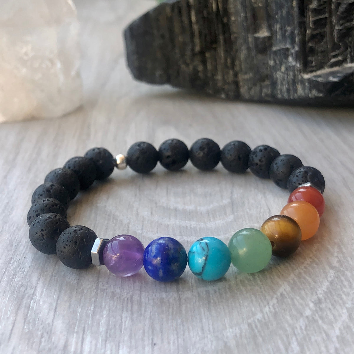 7 Chakra Healing Lava Stone Bracelet Hematite – Wholehearted Crystal Creations