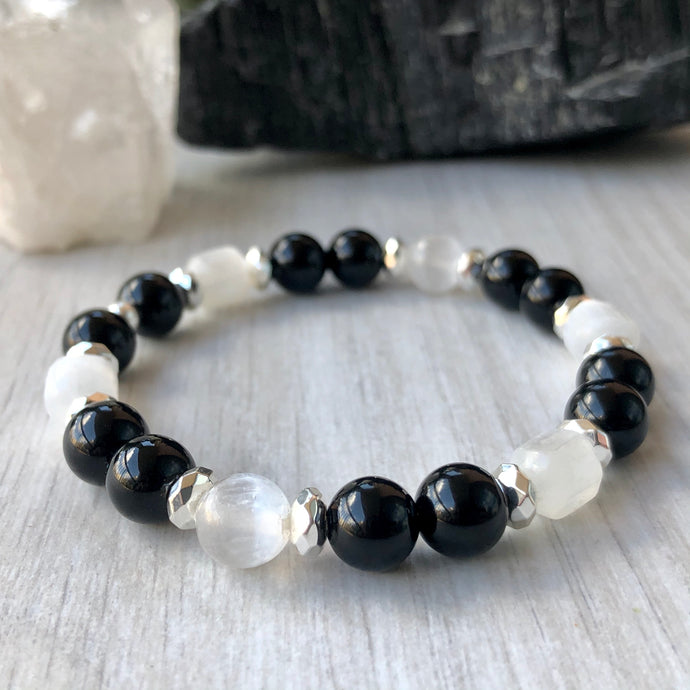 Selenite & Black Onyx Beaded Stretch Bracelet with Hematite Spacers