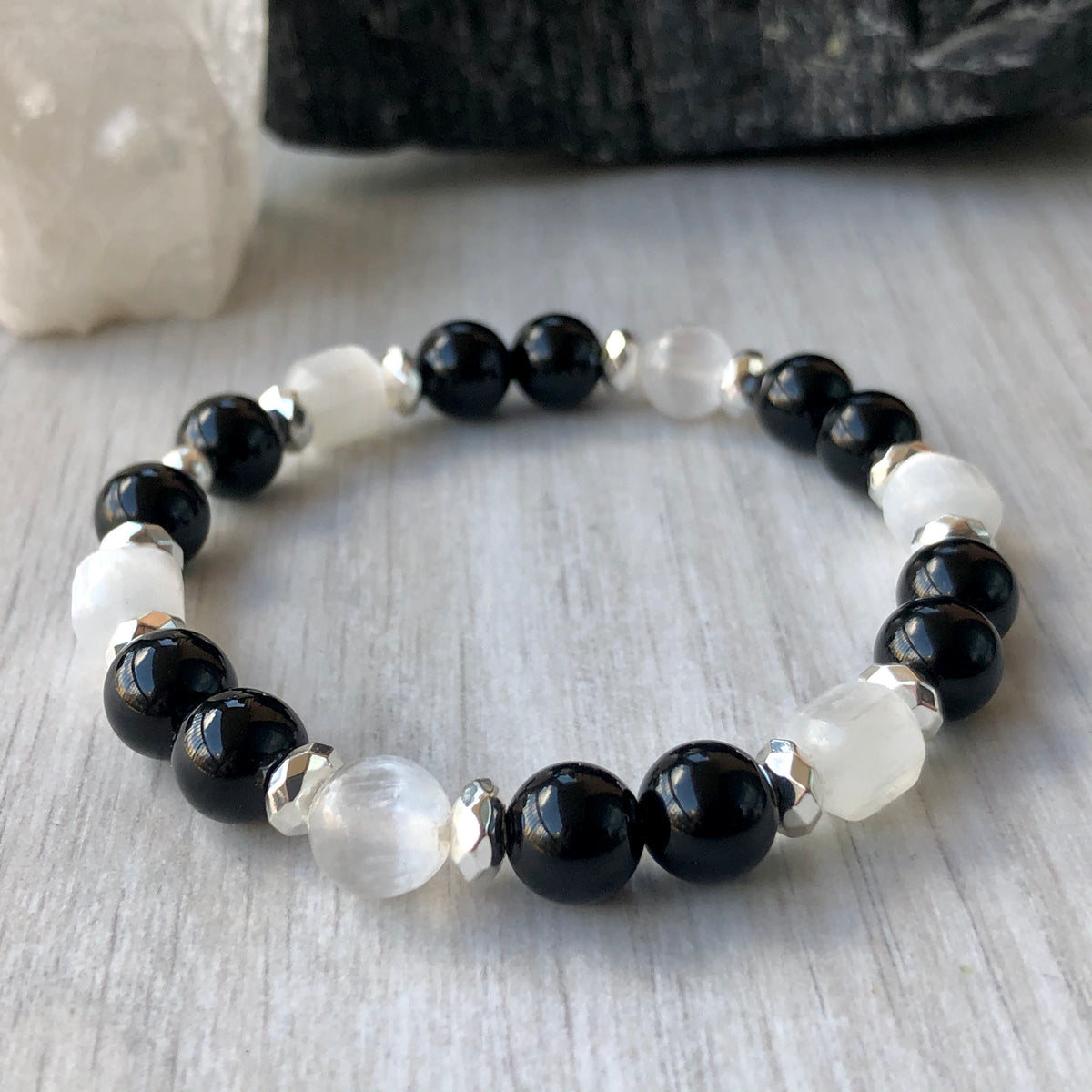 Selenite Black Onyx Hematite Stretch Bracelet – Wholehearted Crystal Creations