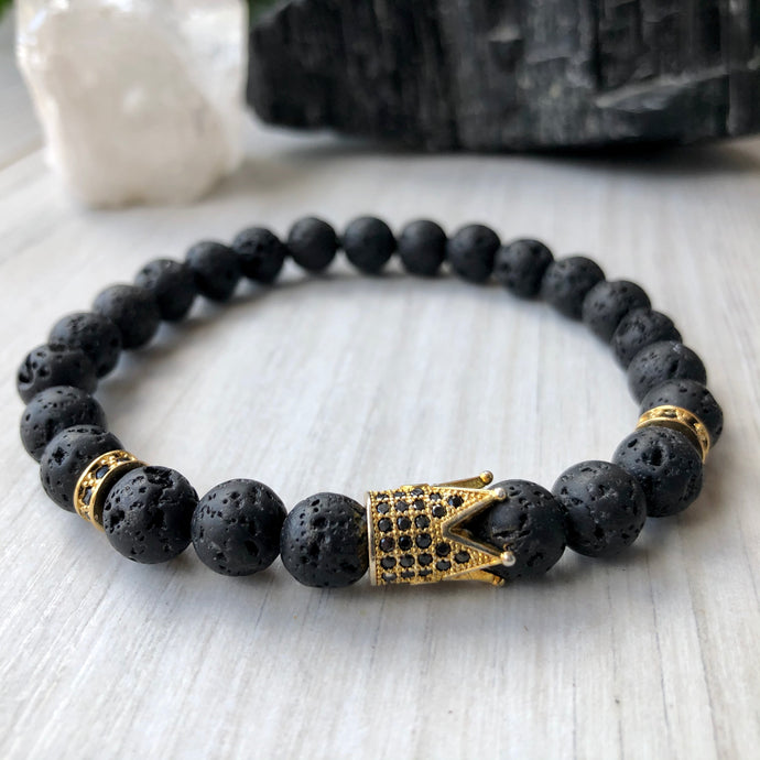 Lava Stone Diffuser Stretch Bracelet with gold crown & spacers with pave cubic zirconia gems (73)