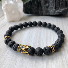Lava Stone Diffuser Stretch Bracelet with gold crown & spacers with pave cubic zirconia gems (73)
