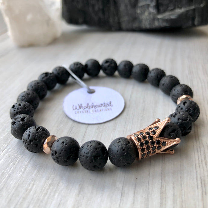 Lava Stone Diffuser Stretch Bracelet Rose Gold Crown & Hematite Spacers