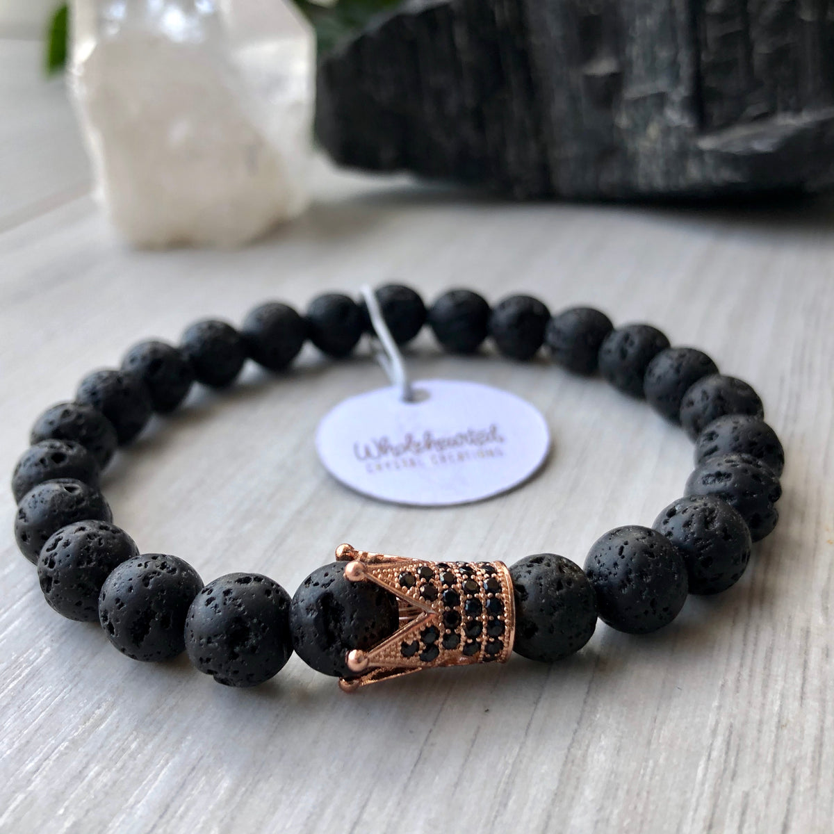 Lava Stone Diffuser Bracelet Rose Gold Crown Black CZ – Wholehearted Crystal Creations