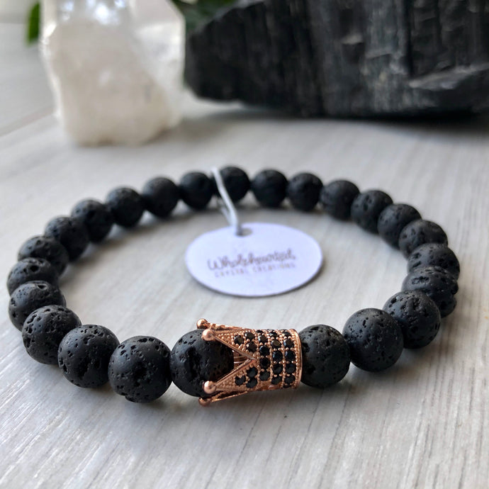 Lava Stone Diffuser Stretch Bracelet Rose Gold Crown (black pave cubic zirconia gems)