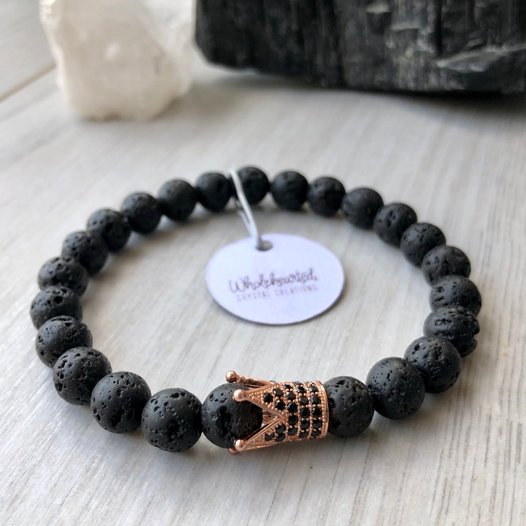 Lava Stone Diffuser Bracelet Rose Gold Crown Black CZ – Wholehearted Crystal Creations