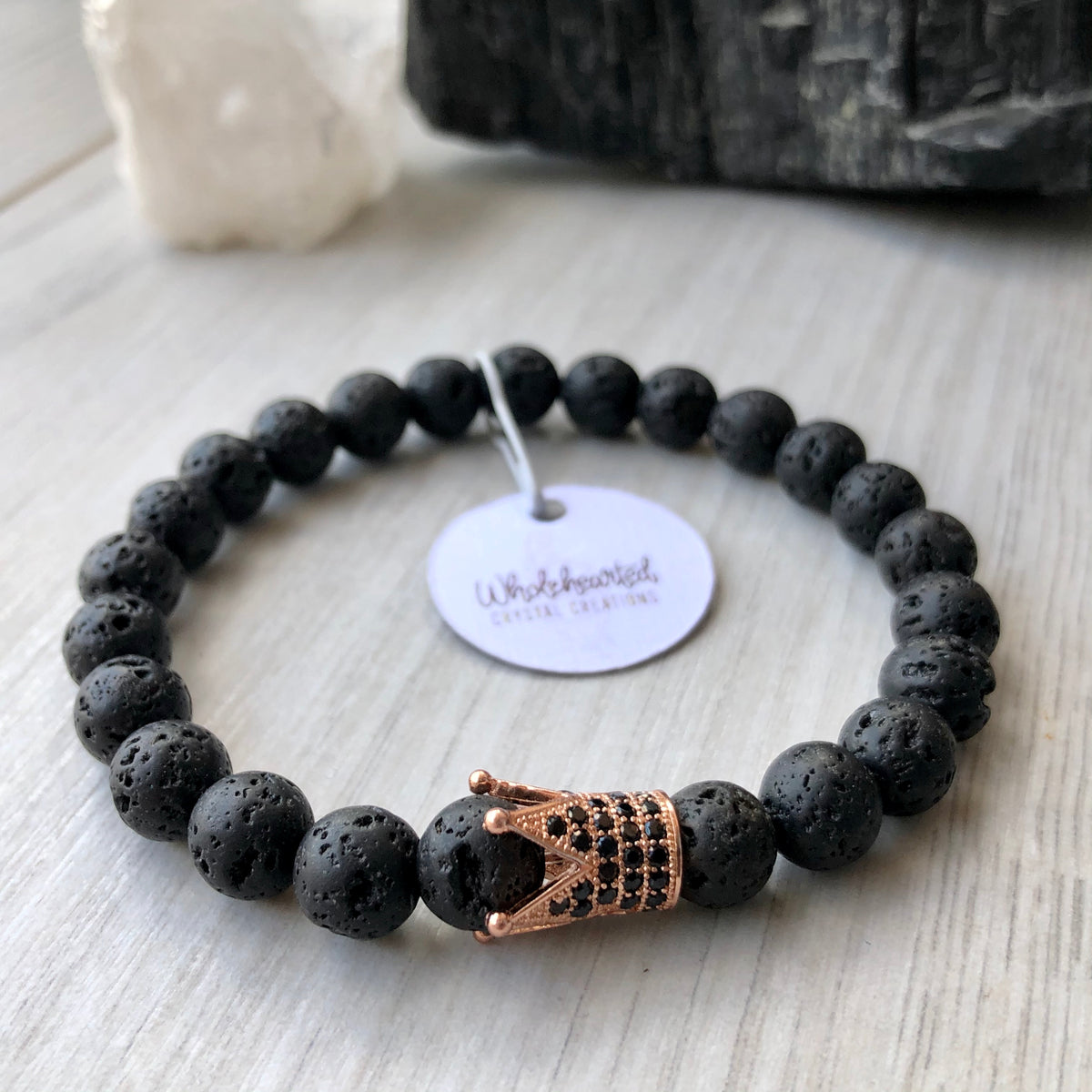 Lava Stone Diffuser Bracelet Rose Gold Crown Black CZ – Wholehearted Crystal Creations