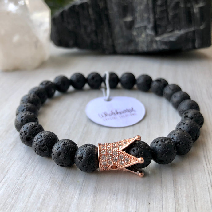 Lava Stone Diffuser Stretch Bracelet Rose Gold Crown (pave cubic zirconia gems)