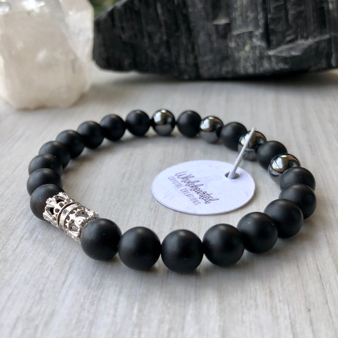 Matte Black Onyx | Hematite Stretch Bracelet with silver pave cubic zirconia gem spacers (76)