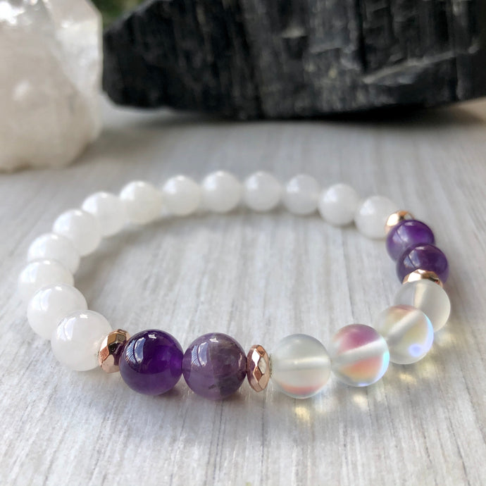 Snow Quartz | Amethyst | Glass Angel Aura Quartz | Stretch Bracelet with Rose Gold Hematite Spacers