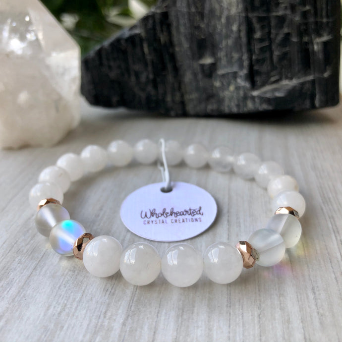 Snow Quartz | Angel Aura Quartz | Stretch Bracelet with Rose Gold Hematite Spacers