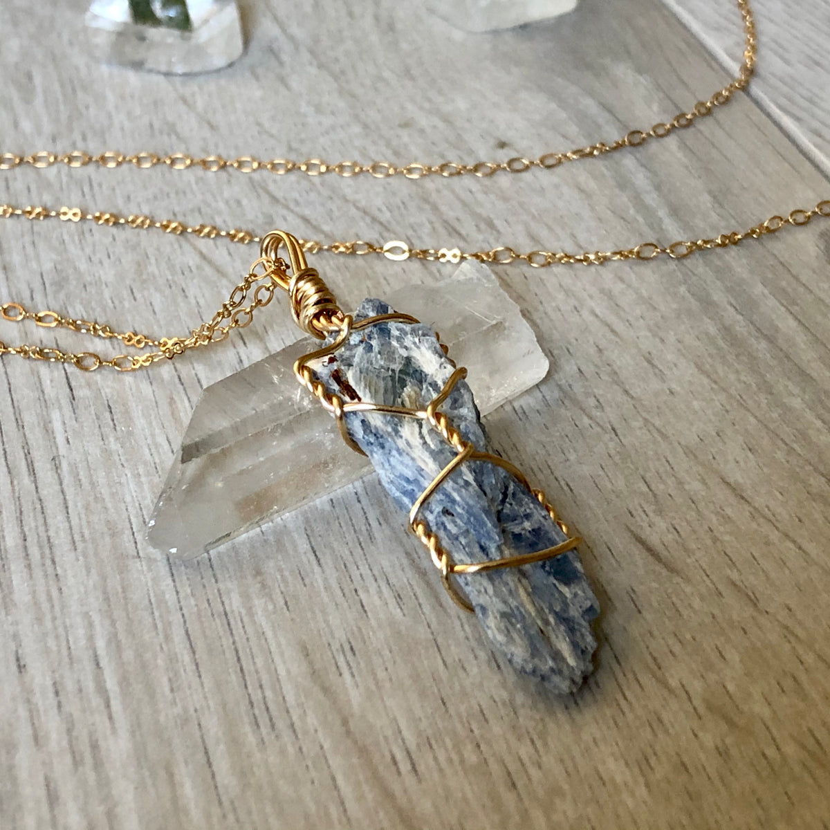 Kyanite wire wrapped crystal necklace on gold chain – Wholehearted Crystal Creations