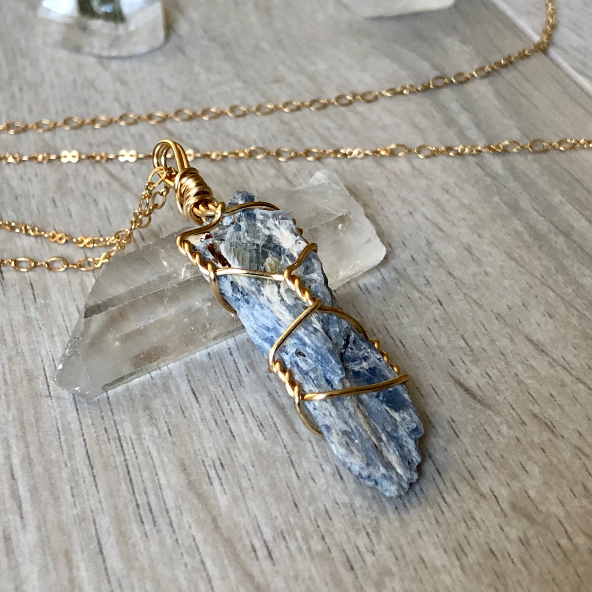 Kyanite wire wrapped crystal necklace on gold chain – Wholehearted Crystal Creations