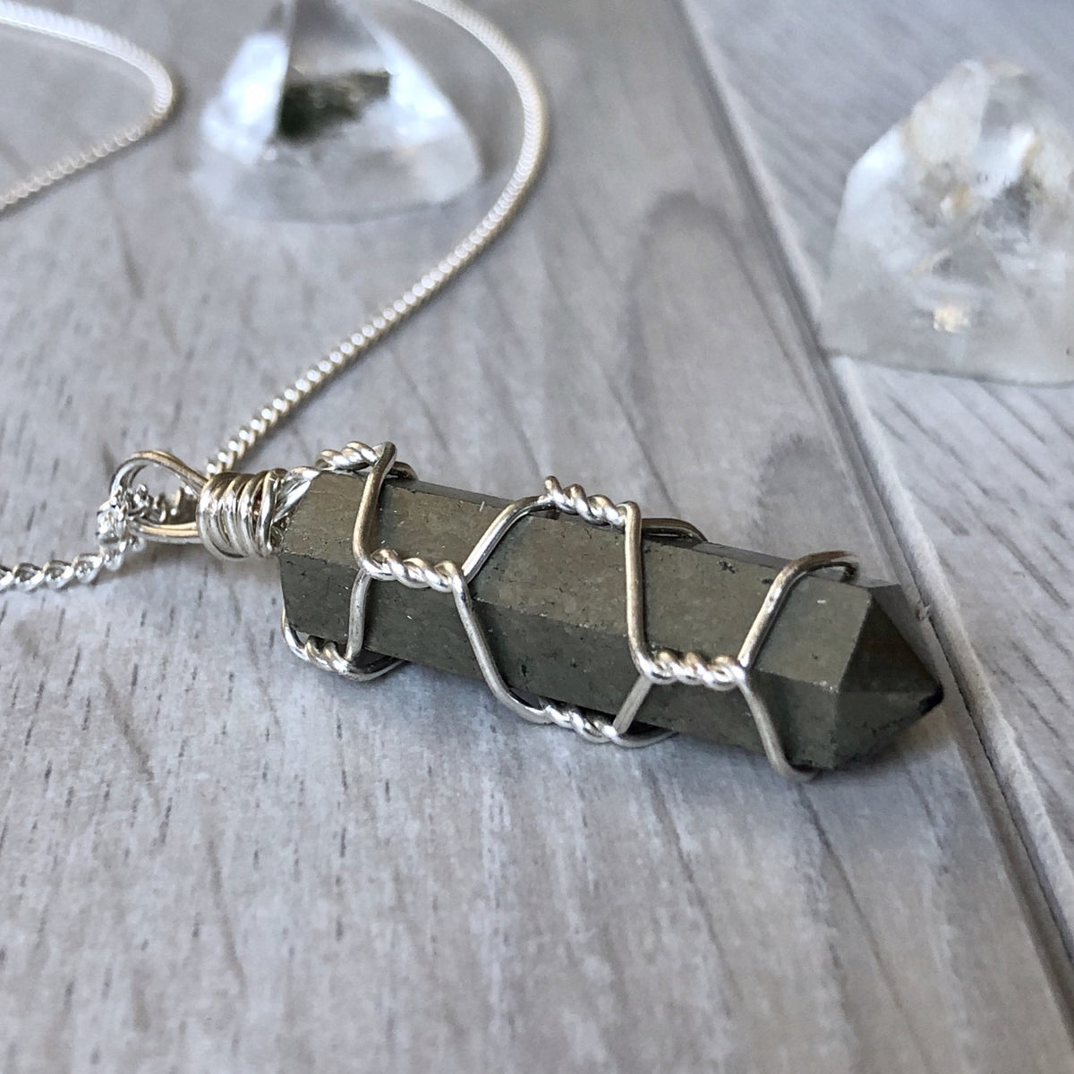 Pyrite wire wrapped crystal necklace on silver chain – Wholehearted Crystal Creations