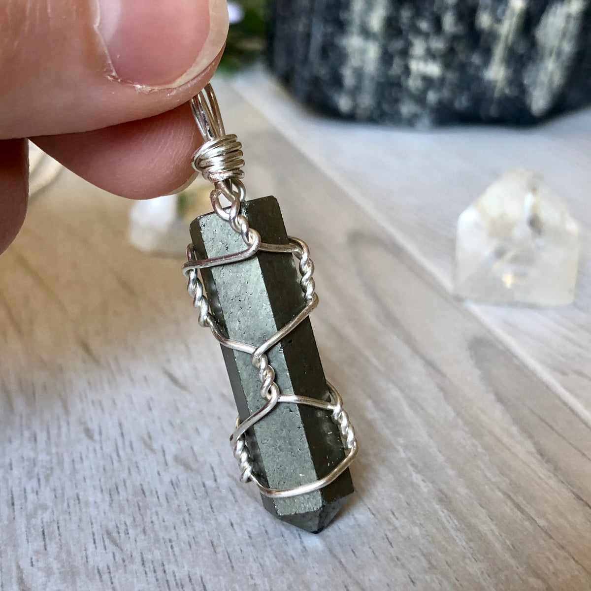 Pyrite wire wrapped crystal necklace on silver chain – Wholehearted Crystal Creations