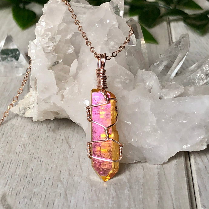 Sunset Aura Quartz wire wrapped necklace