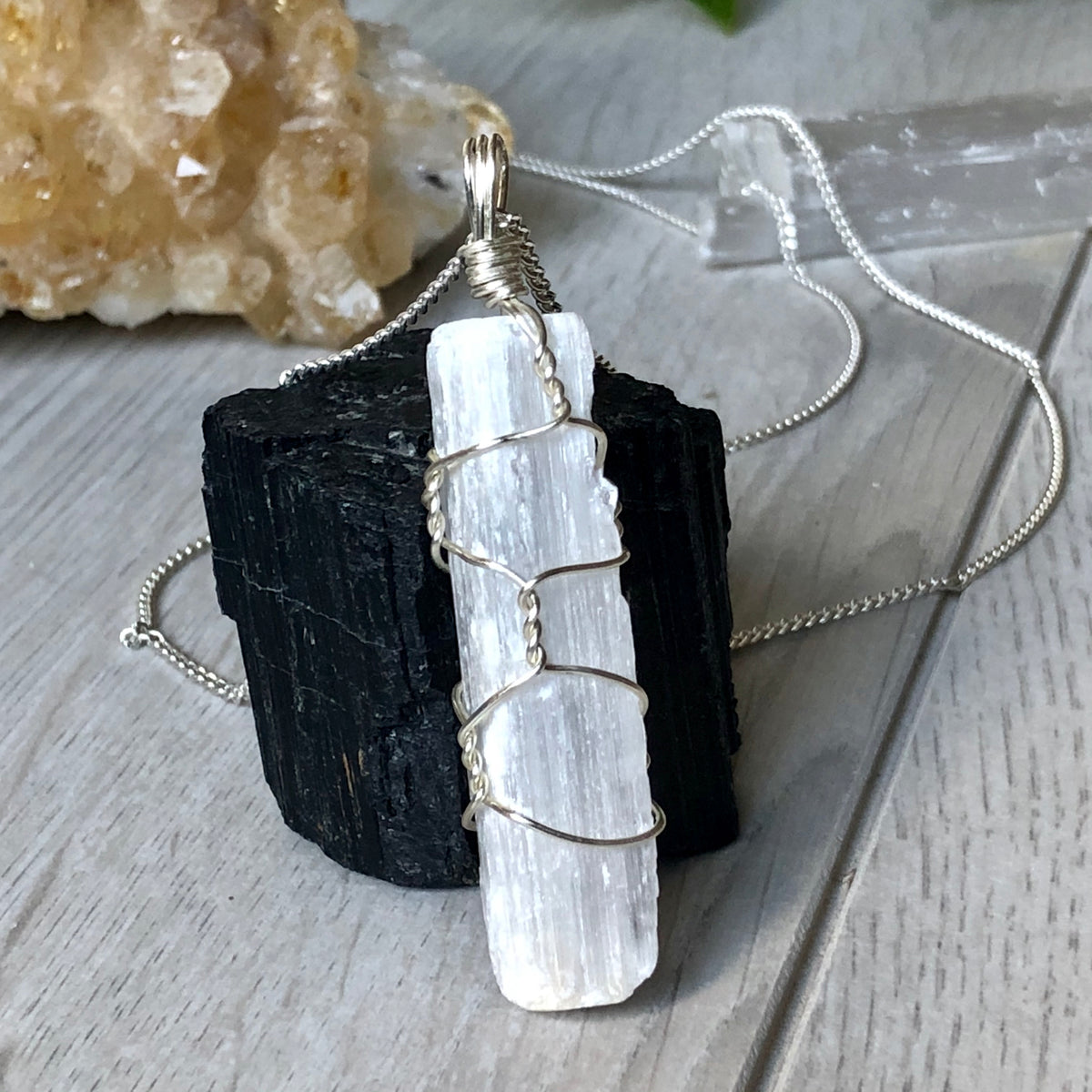 Selenite wholehearted wire wrapped crystal necklace on silver chain – Wholehearted Crystal Creations