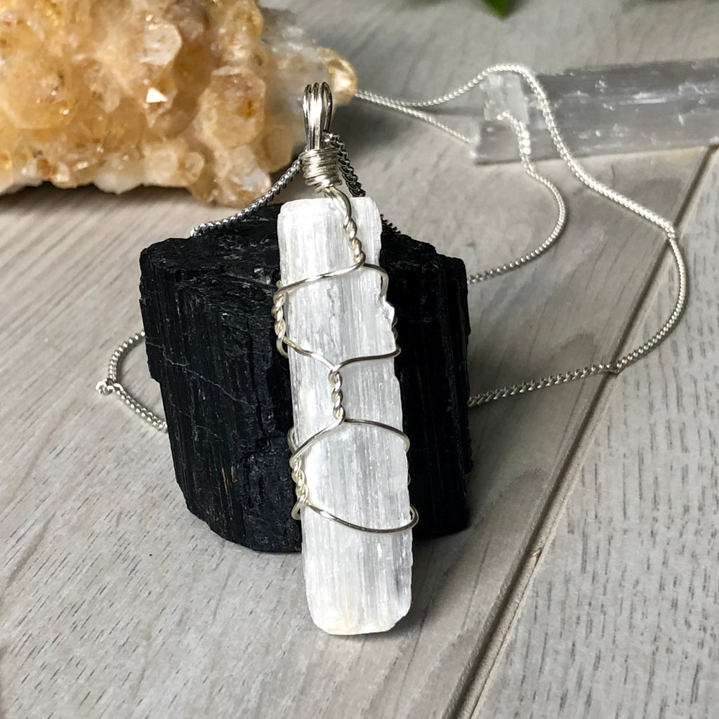 Selenite wholehearted wire wrapped crystal necklace on silver chain – Wholehearted Crystal Creations