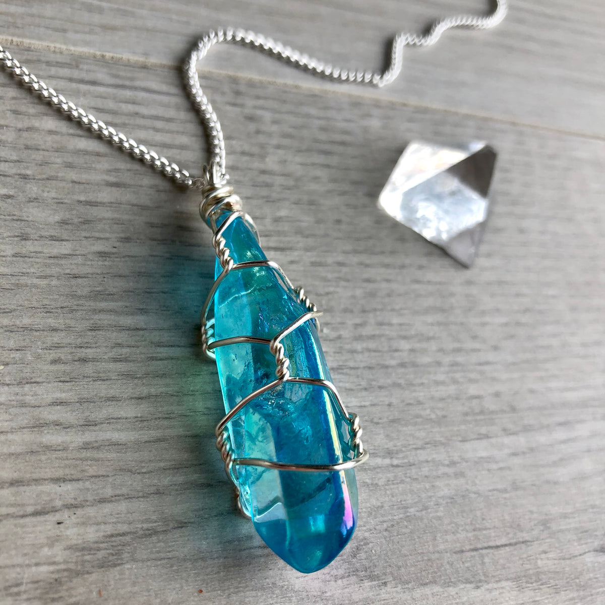 Aqua aura quartz wire wrapped crystal necklace on silver chain – Wholehearted Crystal Creations