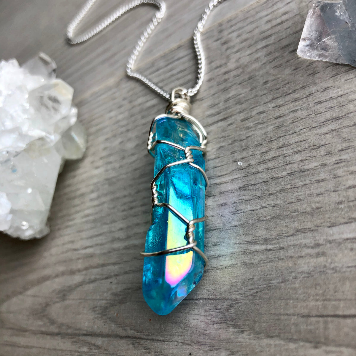 Aqua aura quartz wire wrapped crystal necklace on silver chain – Wholehearted Crystal Creations