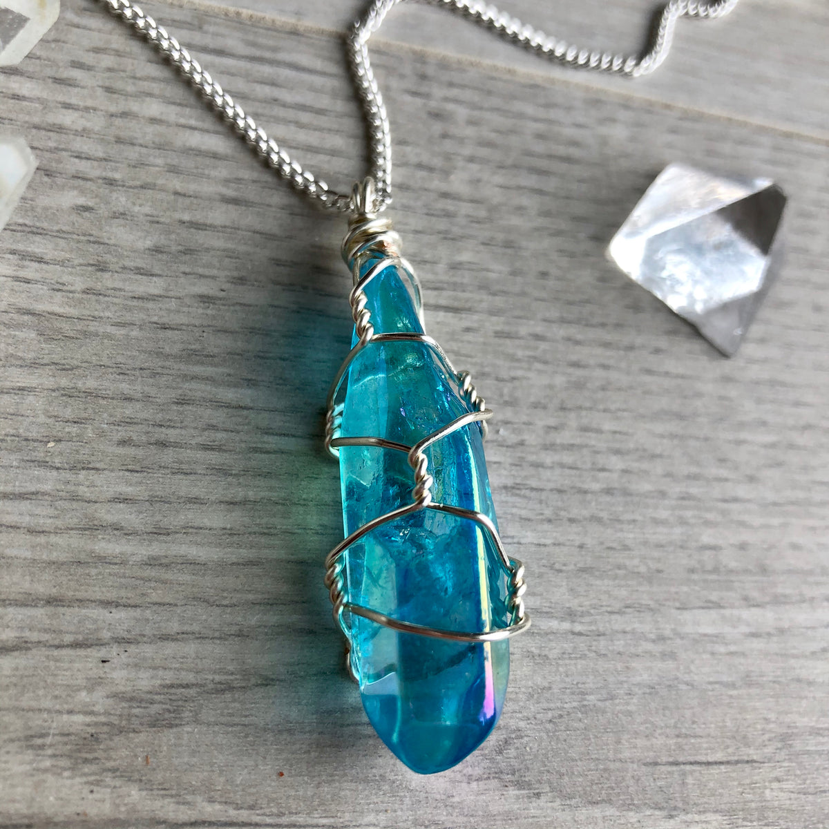 Aqua aura quartz wire wrapped crystal necklace on silver chain – Wholehearted Crystal Creations