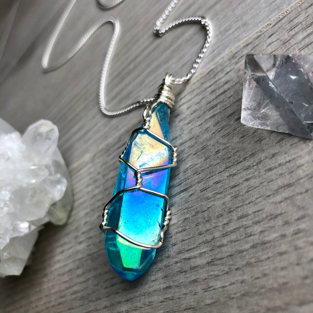 Aqua aura quartz wire wrapped crystal necklace on silver chain – Wholehearted Crystal Creations