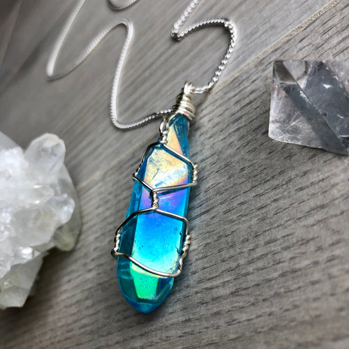 Aqua aura quartz wire wrapped crystal necklace on silver chain – Wholehearted Crystal Creations
