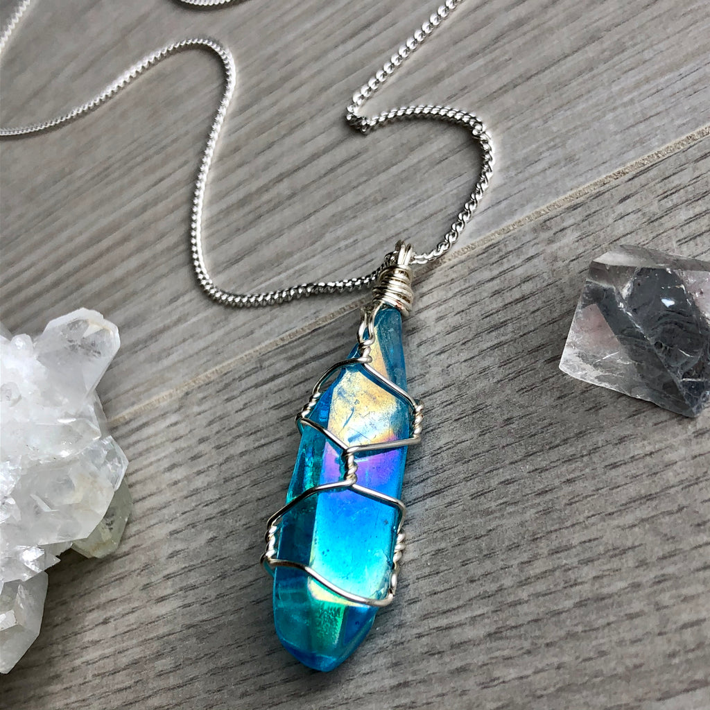 Aqua aura quartz wire wrapped crystal necklace on silver chain – Wholehearted Crystal Creations