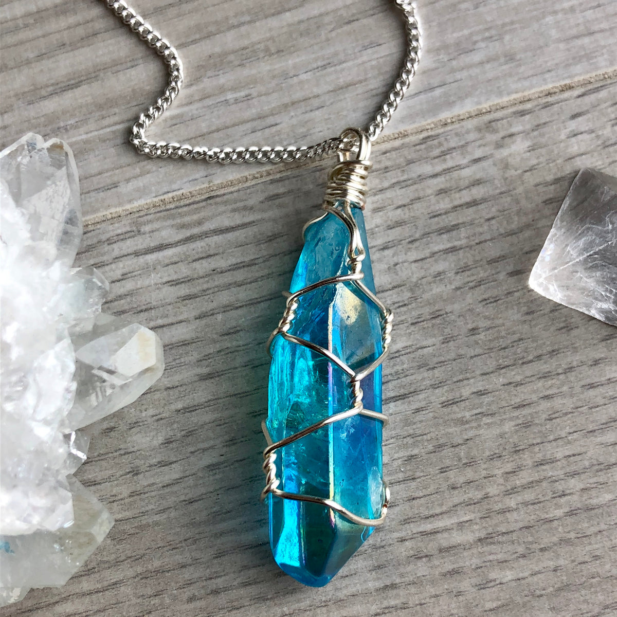 Aqua aura quartz wire wrapped crystal necklace on silver chain – Wholehearted Crystal Creations