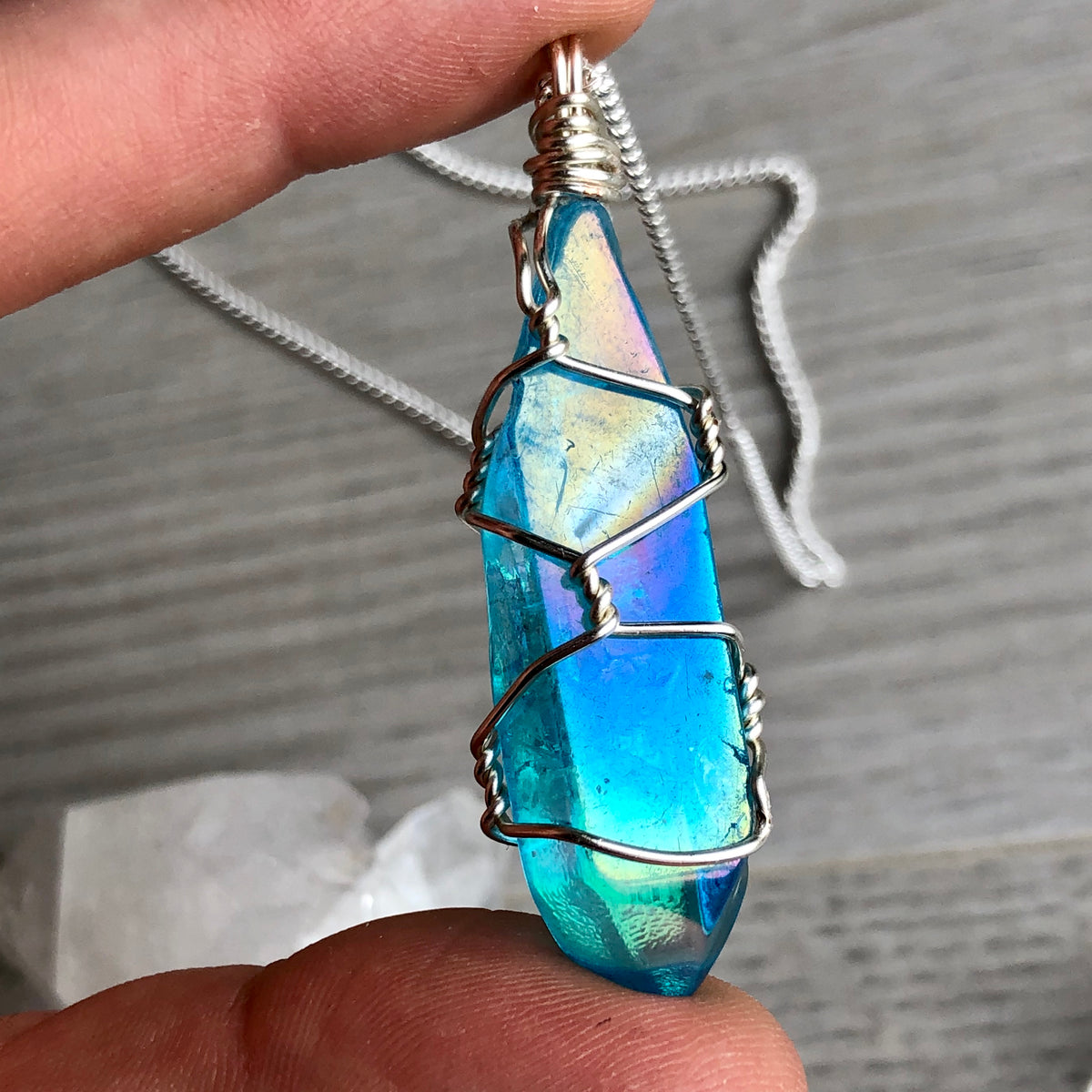 Aqua aura quartz wire wrapped crystal necklace on silver chain – Wholehearted Crystal Creations