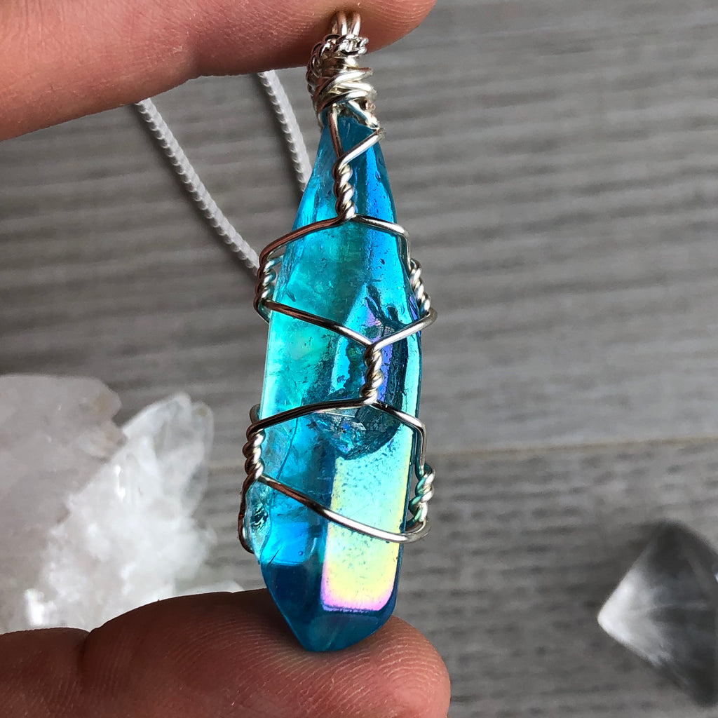 Aqua aura quartz wire wrapped crystal necklace on silver chain – Wholehearted Crystal Creations