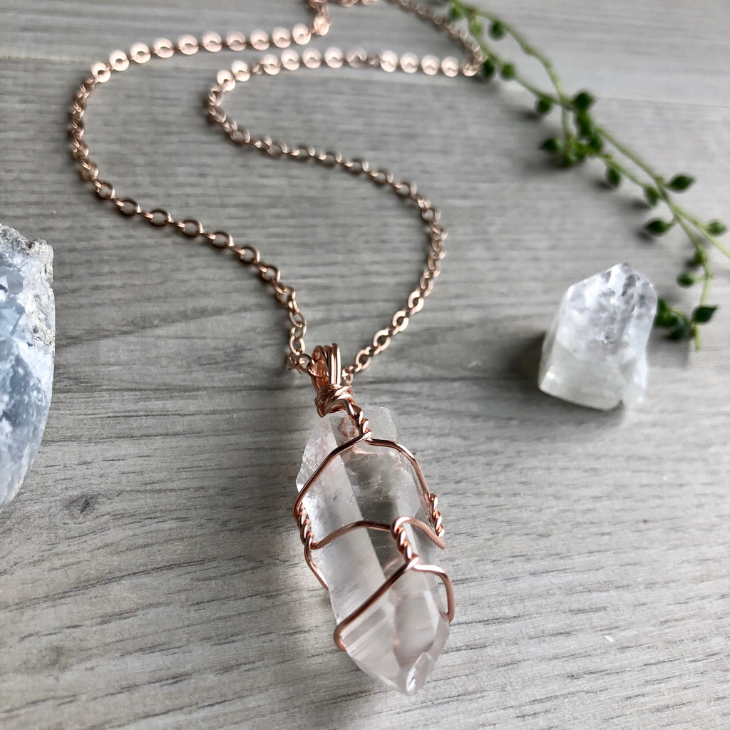 Clear quartz wire wrapped crystal necklace on rose gold chain – Wholehearted Crystal Creations
