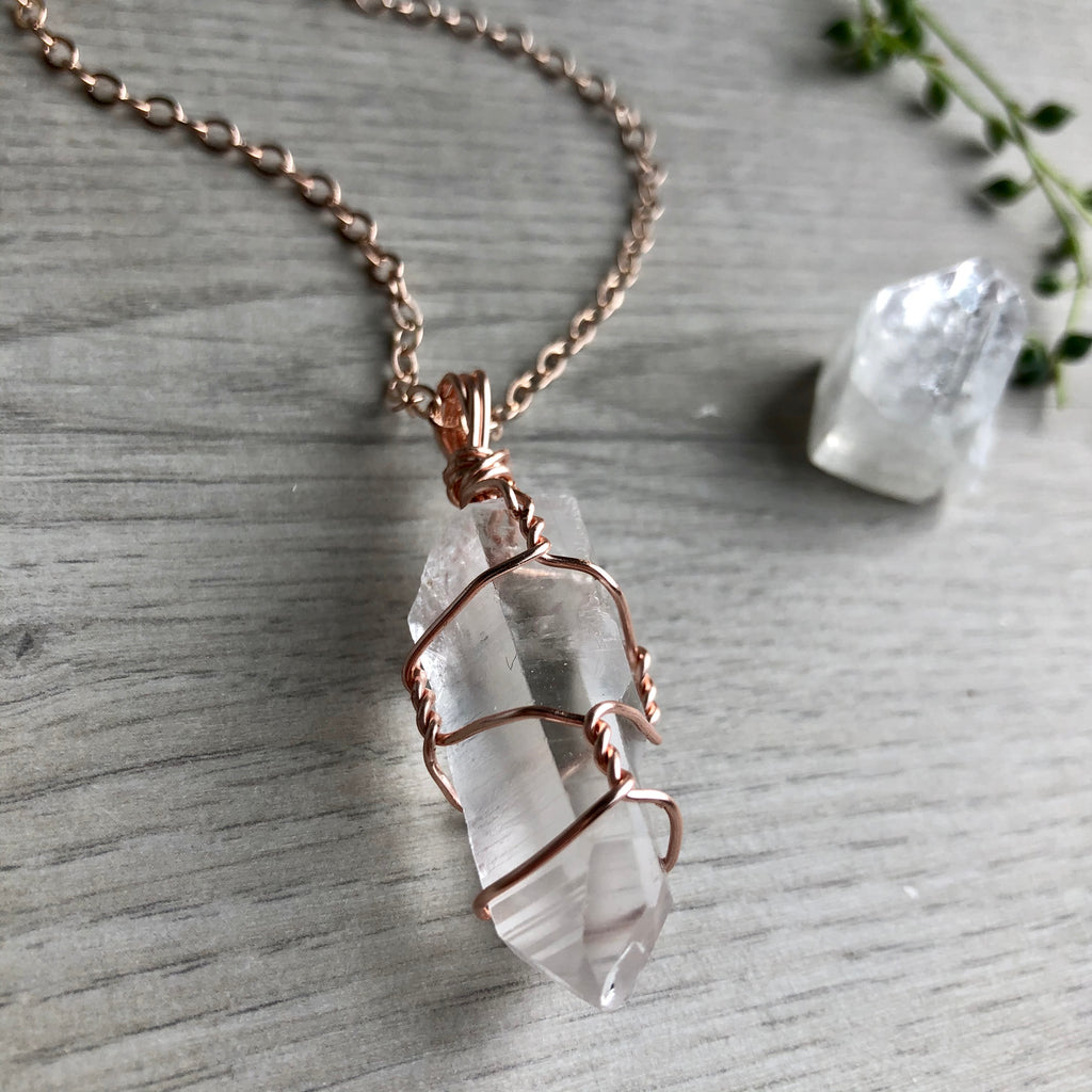 Clear quartz wire wrapped crystal necklace on rose gold chain – Wholehearted Crystal Creations